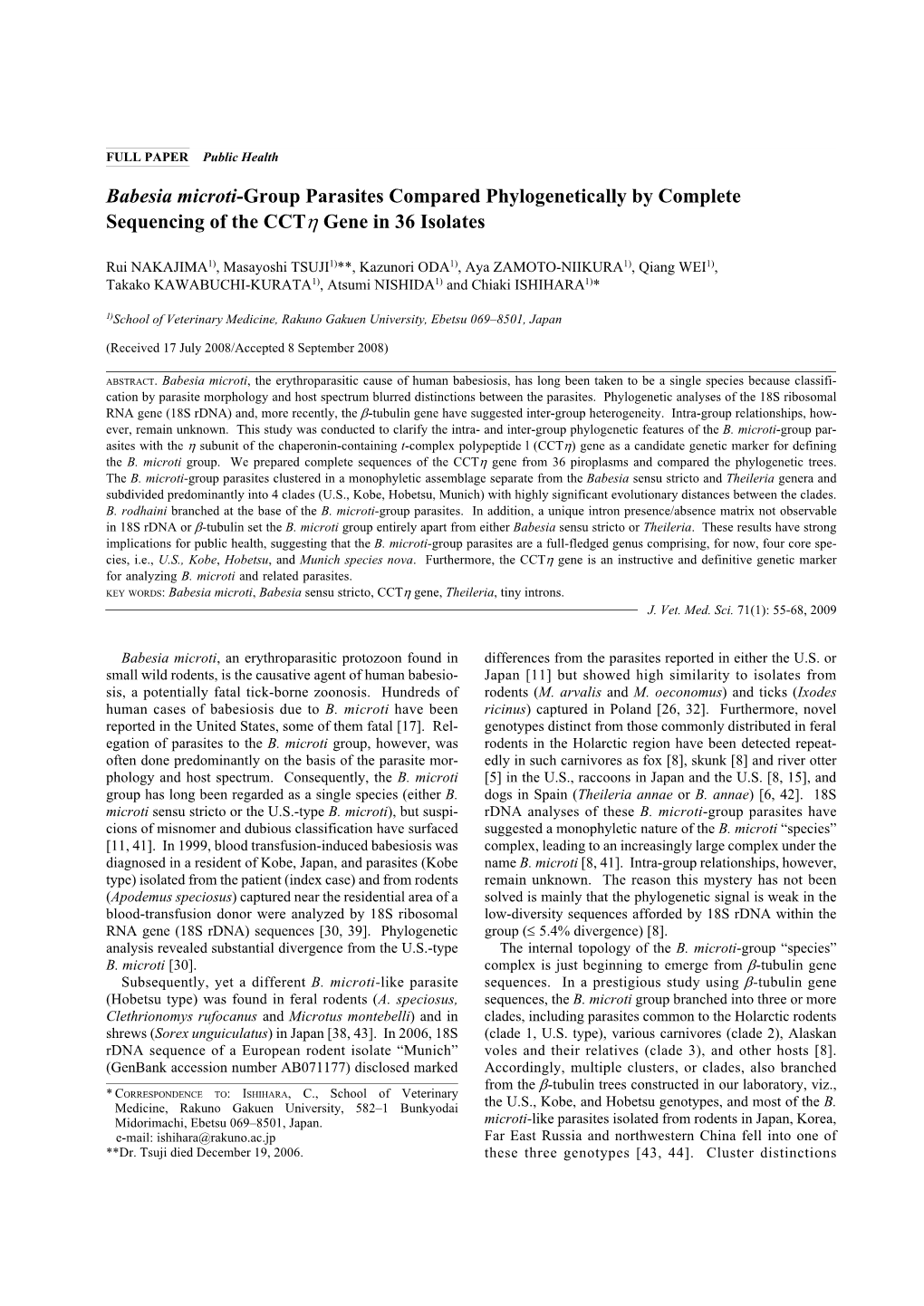 Babesia Microti-Group Parasites Compared Phylogenetically by Complete Sequencing of the Cctη Gene in 36 Isolates