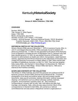 MSS 139 Simeon S. Willis Collection, 1786-1968 OVERVIEW Number