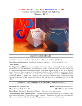 MATH 1020/FA 1020 A01: Mathematics in Art Course Information Sheet and Syllabus Summer 2019