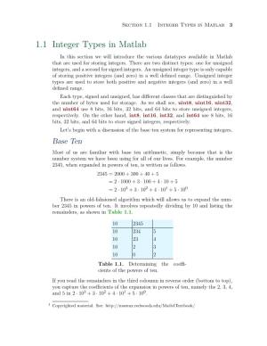 1.1 Integer Types in Matlab 3