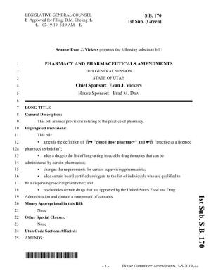 SB0170S01* Money Appropriated in This Bill: Other Special Clauses: Utah Code Sections Af AMENDS: Administration and Contain a Component of Cannabis