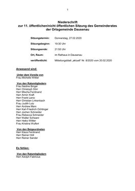 Niederschrift Zur 11. Öffentlichen/Nicht Öffentlichen Sitzung Des Gemeinderates Der Ortsgemeinde Dausenau