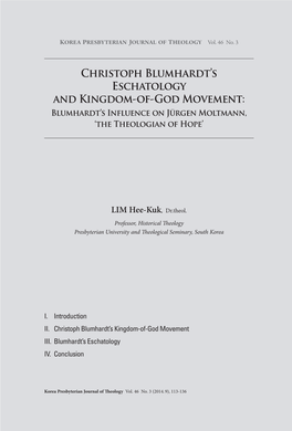 Christoph Blumhardt's Eschatology and Kingdom-Of-God Movement