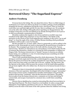 Borrowed Glory: "The Sugarland Express" Andrew Feenberg