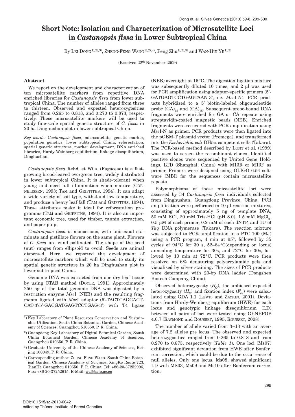 Isolation and Characterization of Microsatellite Loci in Castanopsis Fissa in Lower Subtropical China