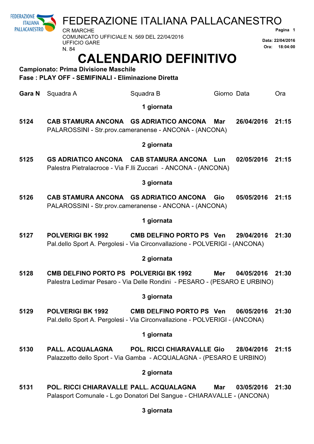 CALENDARIO DEFINITIVO Campionato: Prima Divisione Maschile Fase : PLAY OFF - SEMIFINALI - Eliminazione Diretta