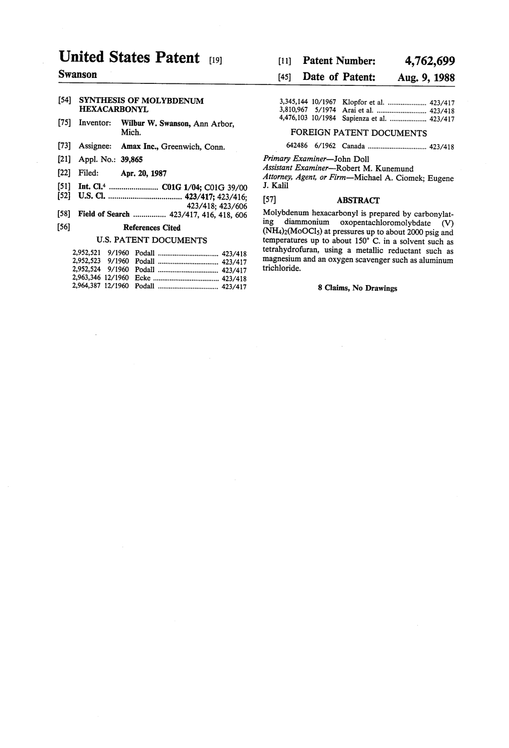 United States Patent (19) (11 Patent Number: 4,762,699 Swanson (45