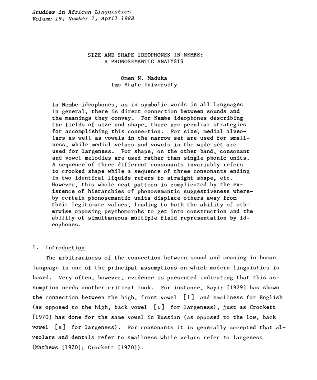 Size and Shape Ideophones in Nembe: a Phonosemantic Analysis