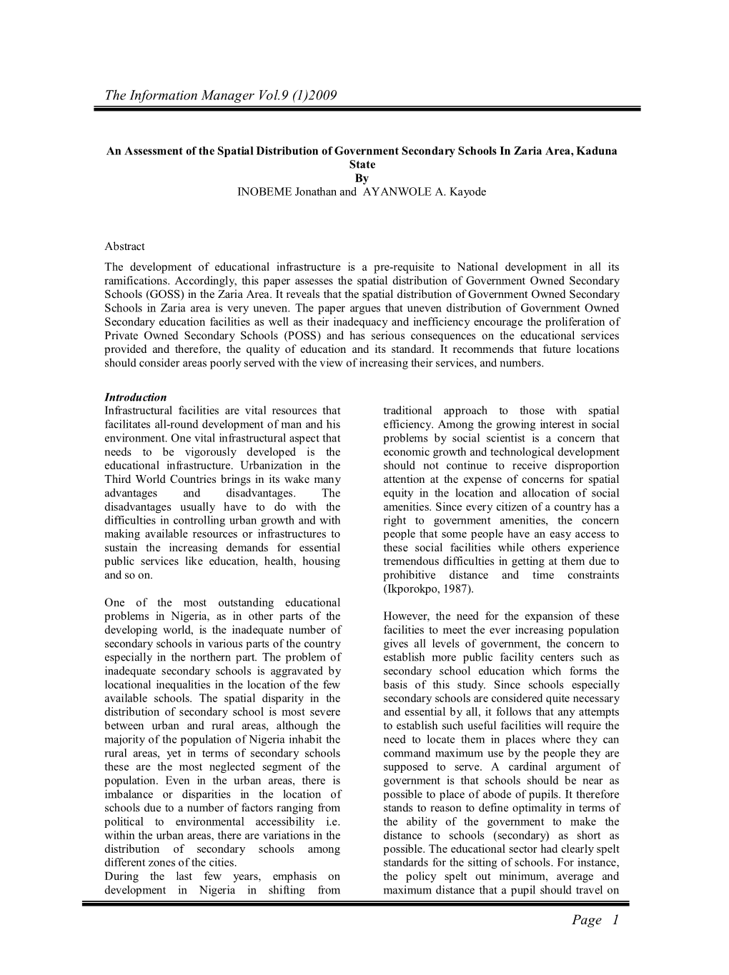 The Information Manager Vol.9 (1)2009 Page 1