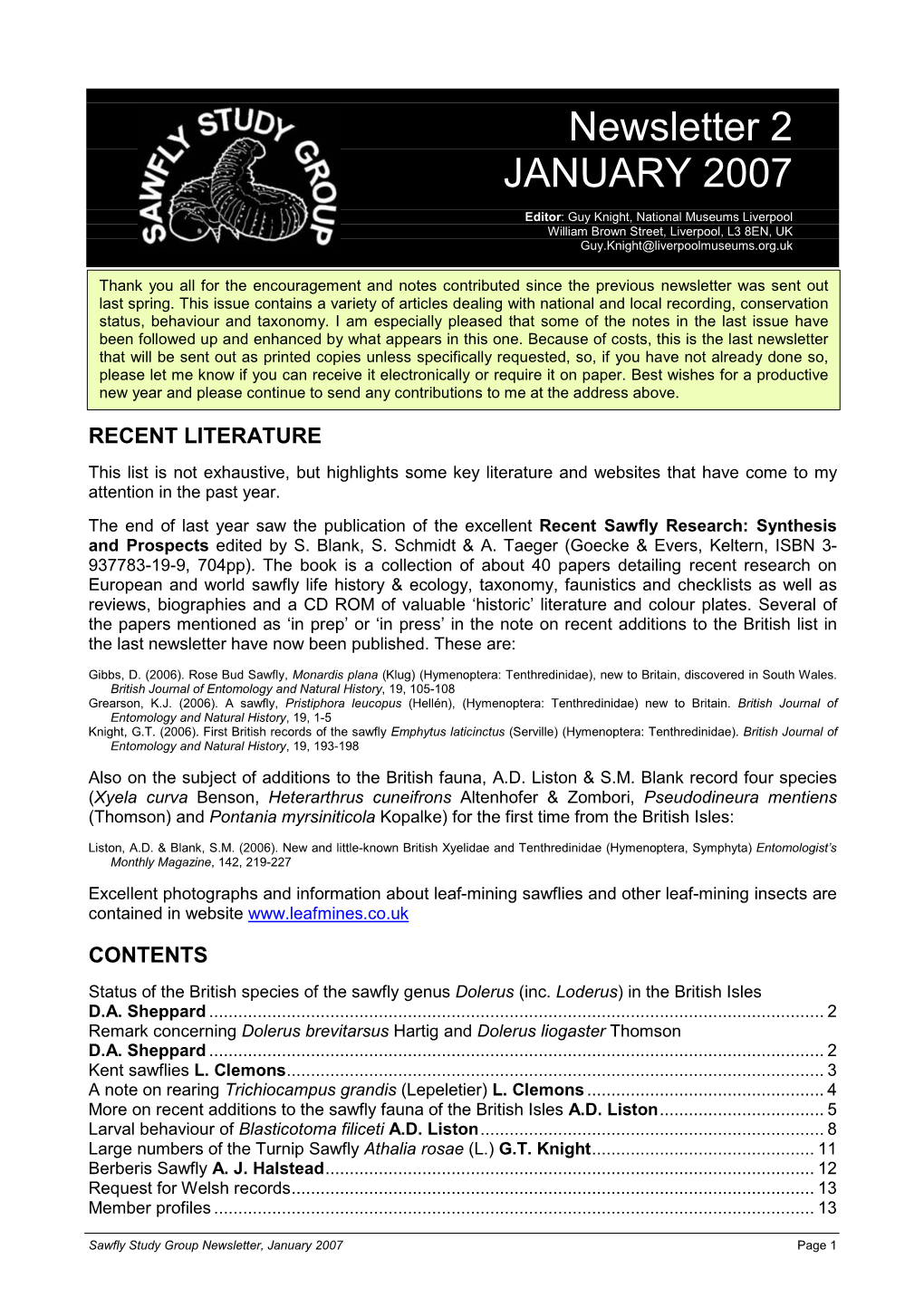 Sawfly Study Group Newsletter 2