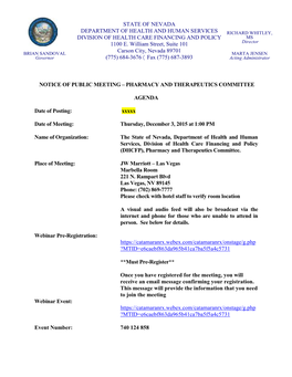 PHARMACY and THERAPEUTICS COMMITTEE AGENDA Date Of