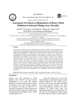 Assessment of Lichens As Biomonitors of Heavy Metal Pollution in Selected Mining Area, Slovakia Amer H