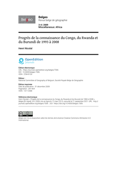 Progrès De La Connaissance Du Congo, Du Rwanda Et Du Burundi De 1993 À 2008