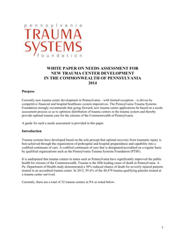 Needs Assessment for New Trauma Center Development in the Commonwealth of Pennsylvania 2014