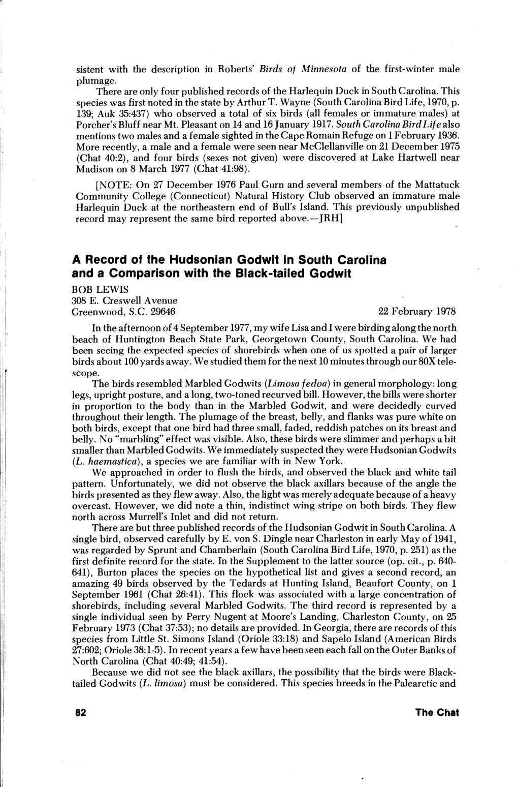 A Record of the Hudsonian Godwit in South Carolina and a Comparison with the Black-Tailed Godwit BOB LEWIS 308 E