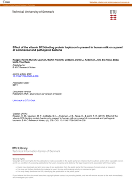 Effect of the Vitamin B12-Binding Protein Haptocorrin Present in Human Milk on a Panel of Commensal and Pathogenic Bacteria