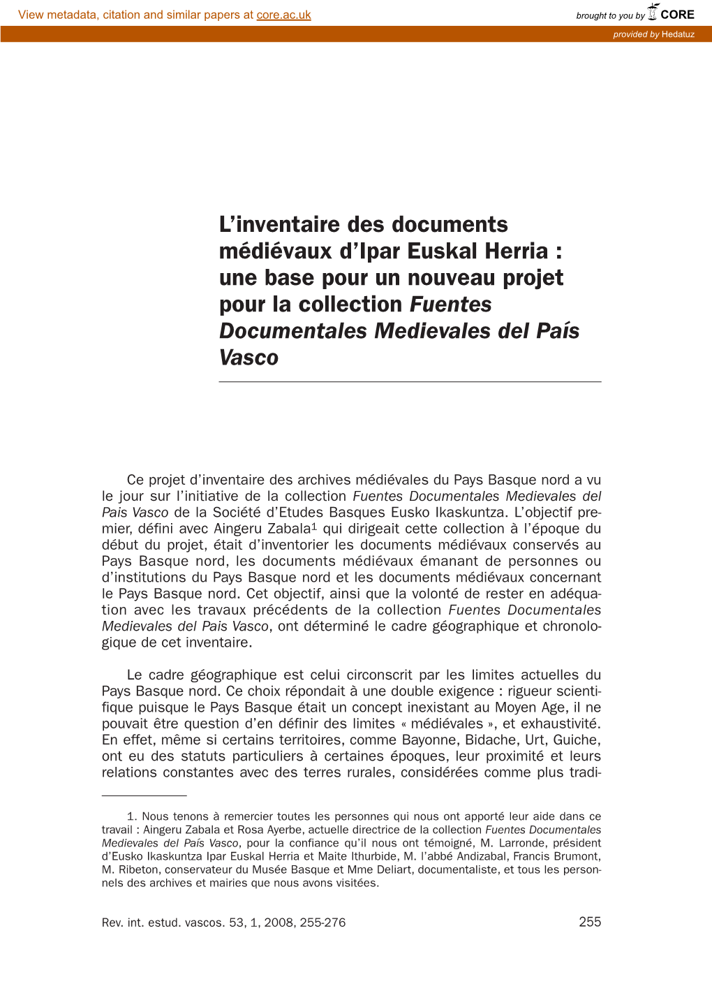 L'inventaire Des Documents Médiévaux D'ipar Euskal