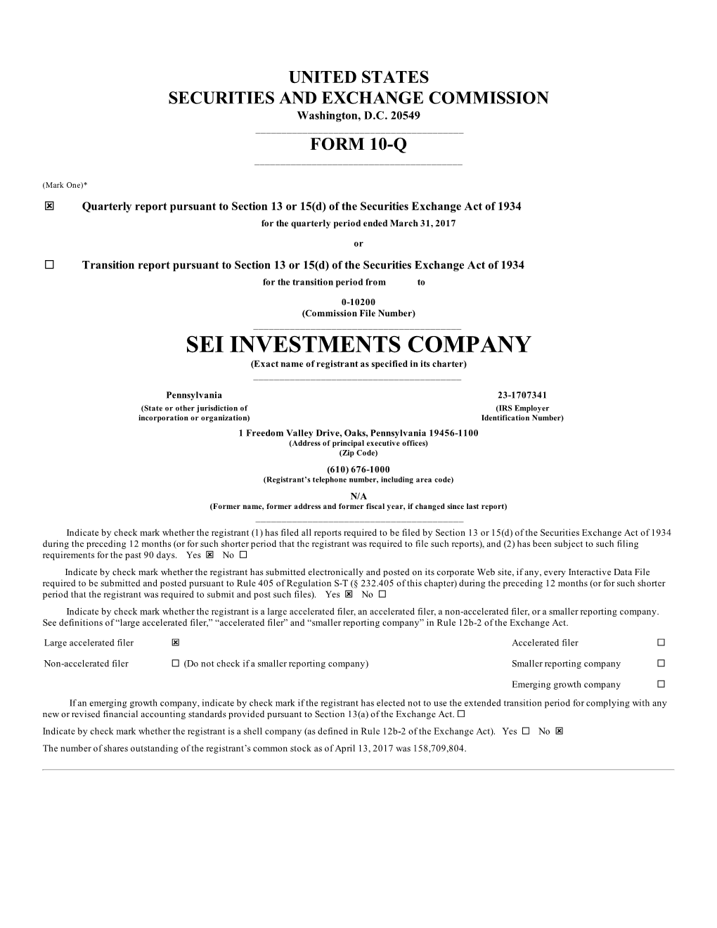 SEI INVESTMENTS COMPANY (Exact Name of Registrant As Specified in Its Charter) ______
