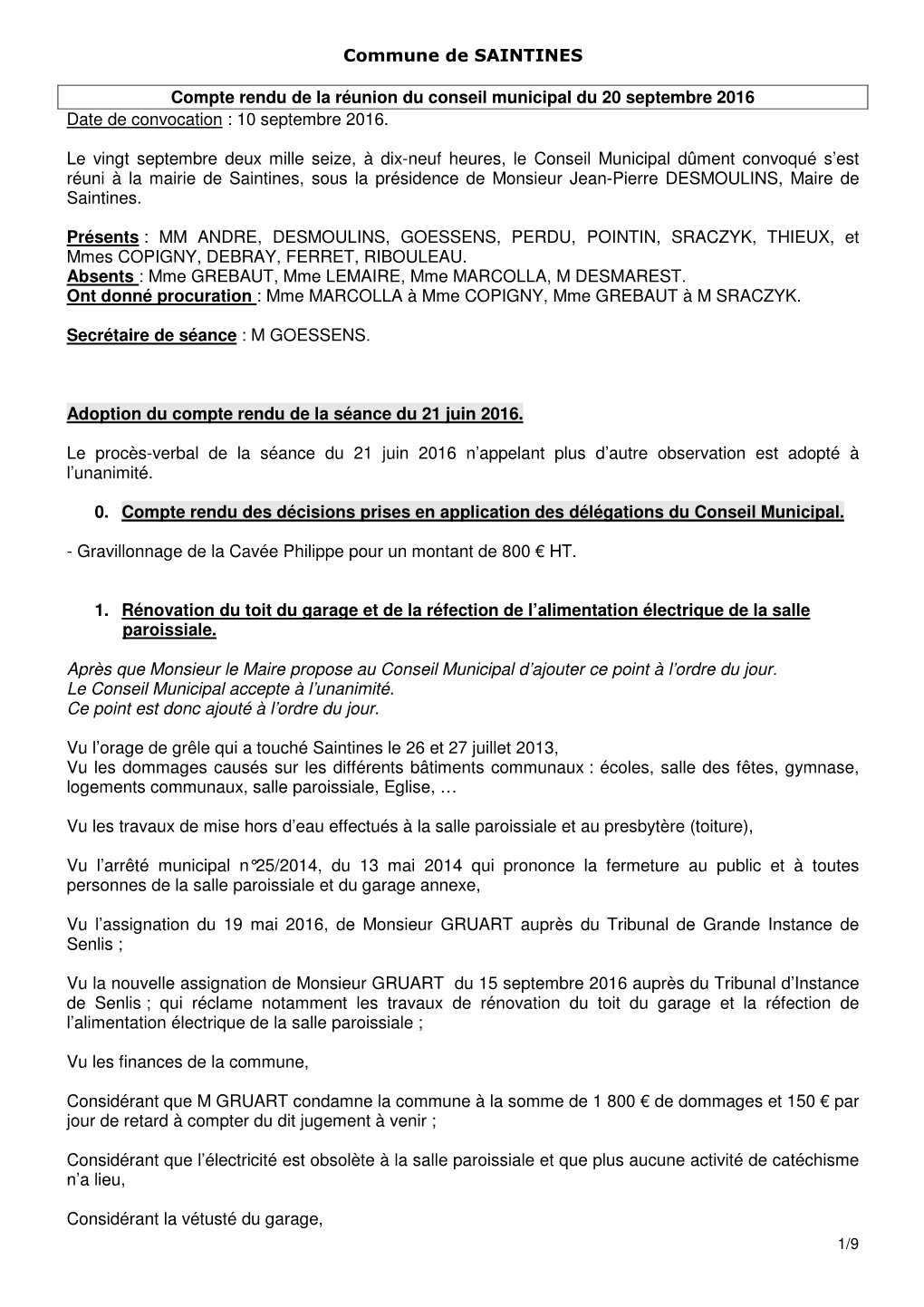 Commune De SAINTINES Compte Rendu De La Réunion Du Conseil