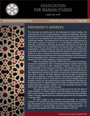 ASSOCIATION for IRANIAN STUDIES انجمن ایران پژوهی AIS Newsletter | Volume 41, Number 2 | October 2020