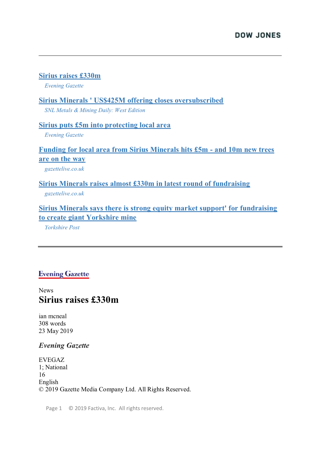 Sirius Minerals ' US$425M Offering Closes Oversubscribed SNL Metals & Mining Daily: West Edition