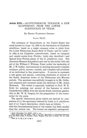 GLYPTOTHERIUM TEXANUM, a NEW GLYPTODONT, from the LOWER PLEISTOCENE of TEXAS. by HENRY FAIRFIELD OSBORN. the Exist