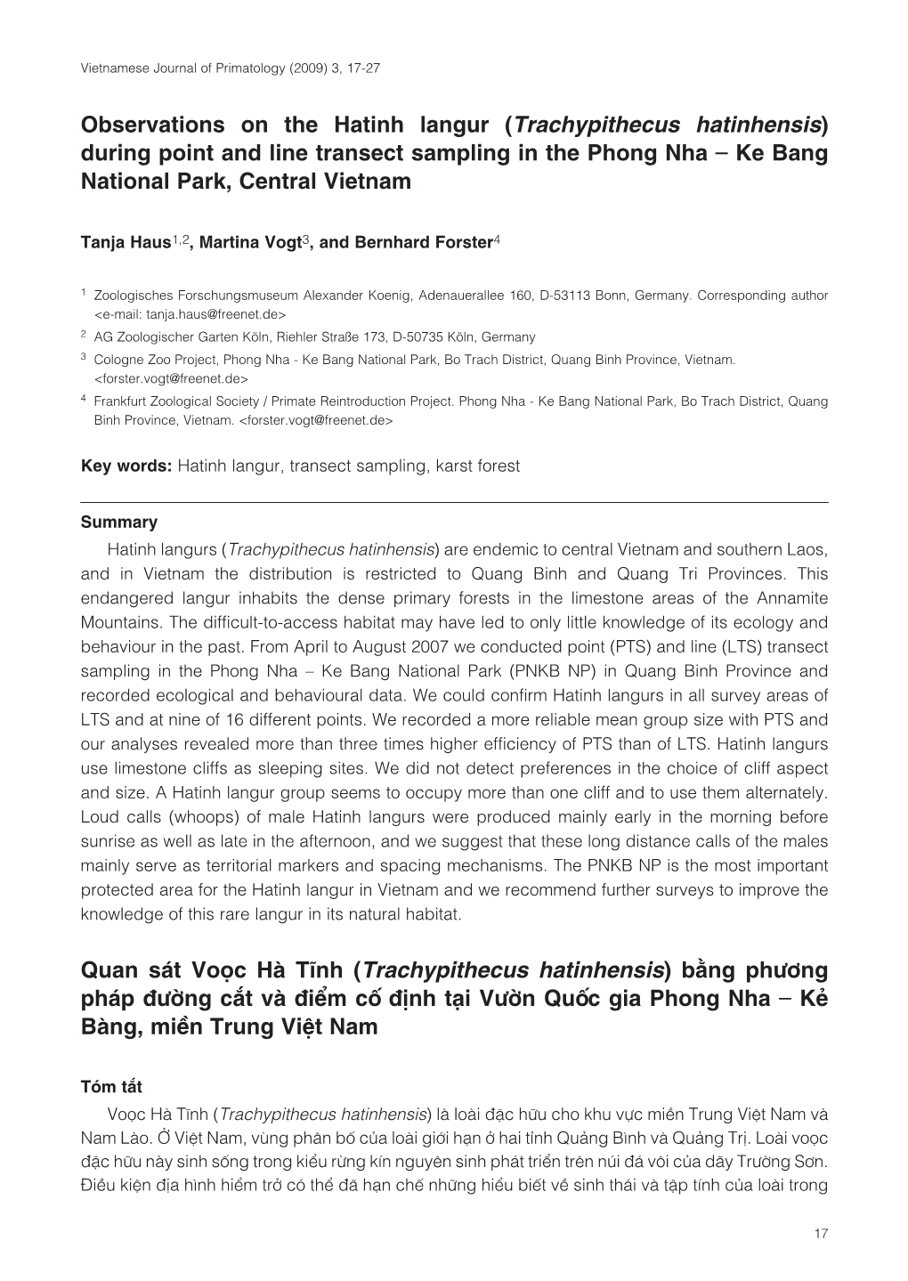 Observations on the Hatinh Langur (Trachypithecus Hatinhensis) During Point and Line Transect Sampling in the Phong Nha – Ke Bang National Park, Central Vietnam