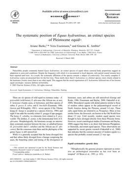 The Systematic Position of Equus Hydruntinus, an Extinct Species of Pleistocene Equid૾