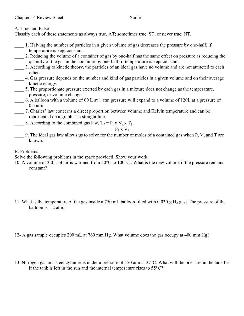 Chapter 14 Review Sheet