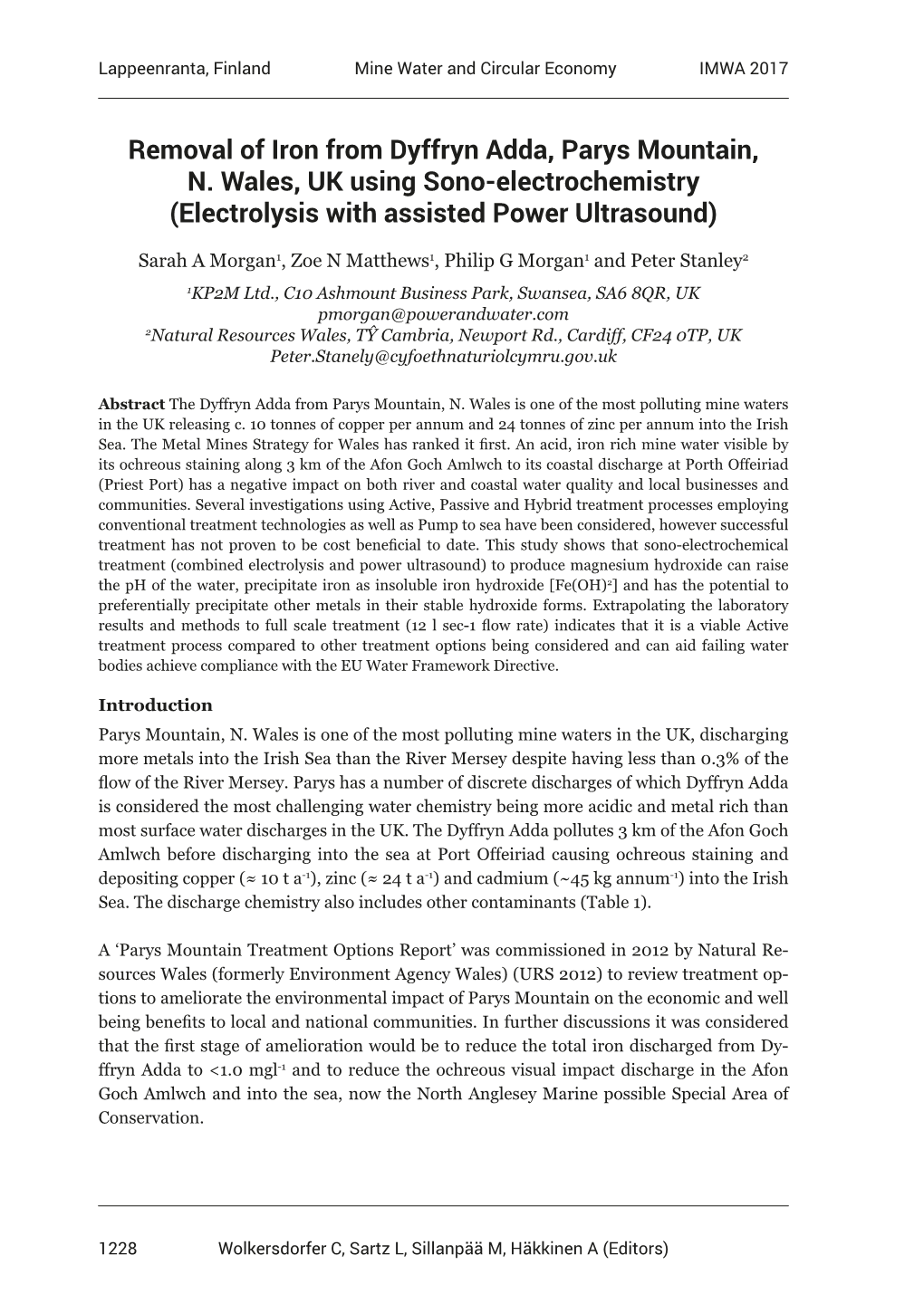 Removal of Iron from Dyffryn Adda, Parys Mountain, N. Wales, UK Using Sono-Electrochemistry (Electrolysis with Assisted Power Ultrasound)