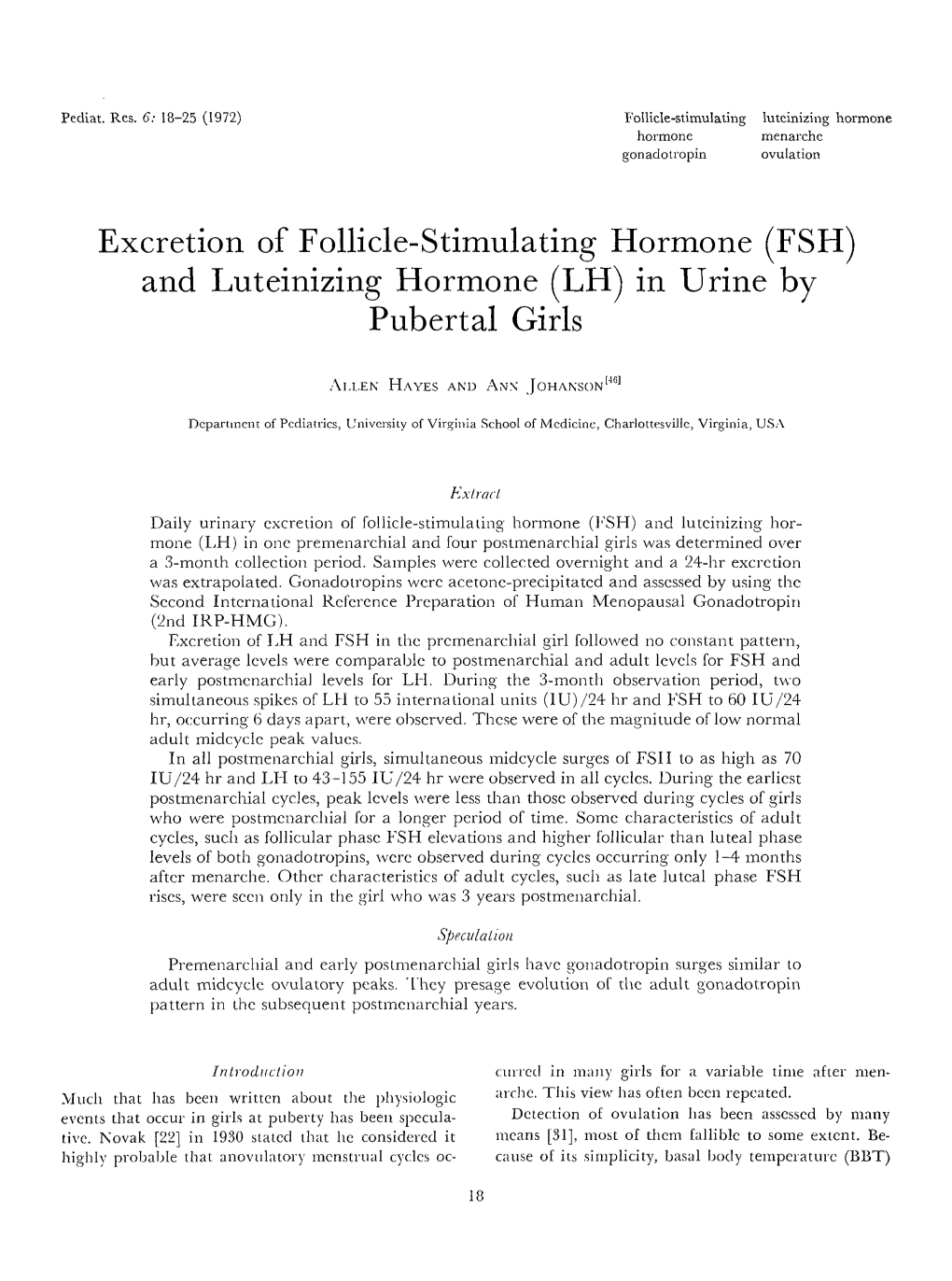 (FSH) and Luteinizing Hormone (LH) in Urine by Pubertal Girls