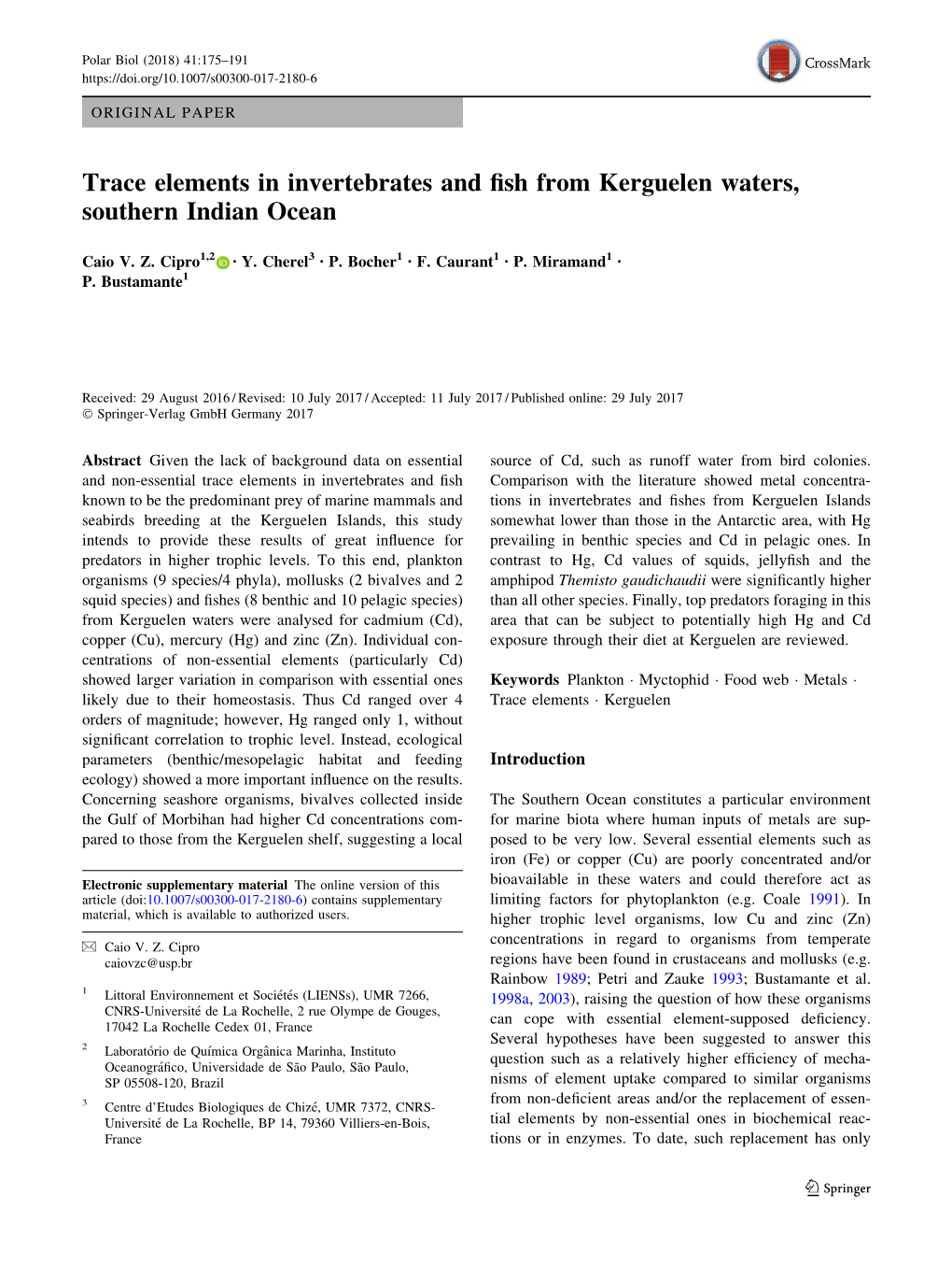 Trace Elements in Invertebrates and Fish from Kerguelen Waters