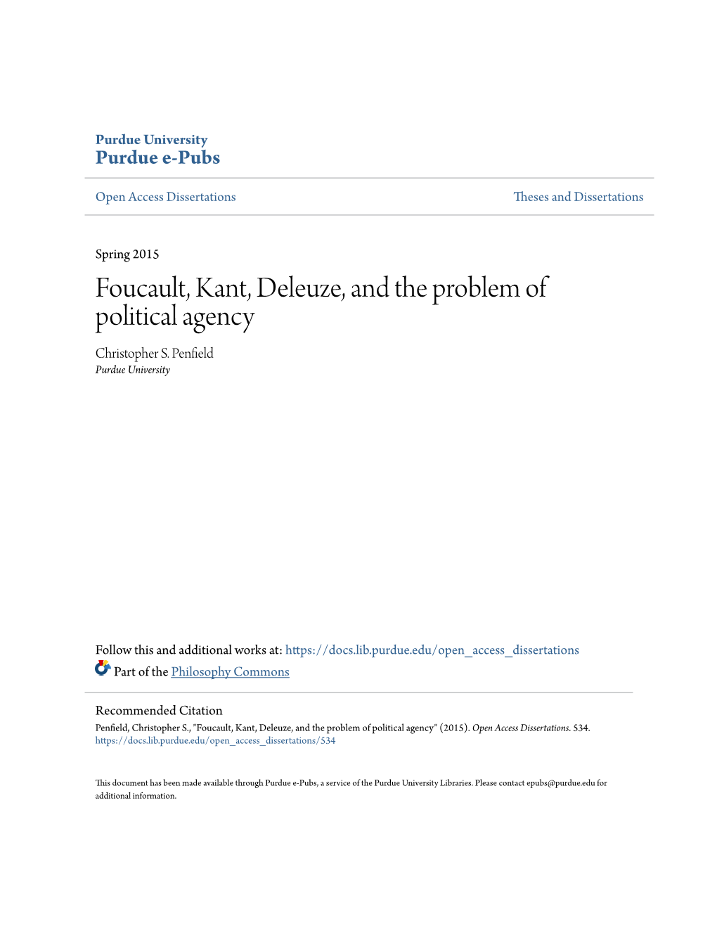 Foucault, Kant, Deleuze, and the Problem of Political Agency Christopher S