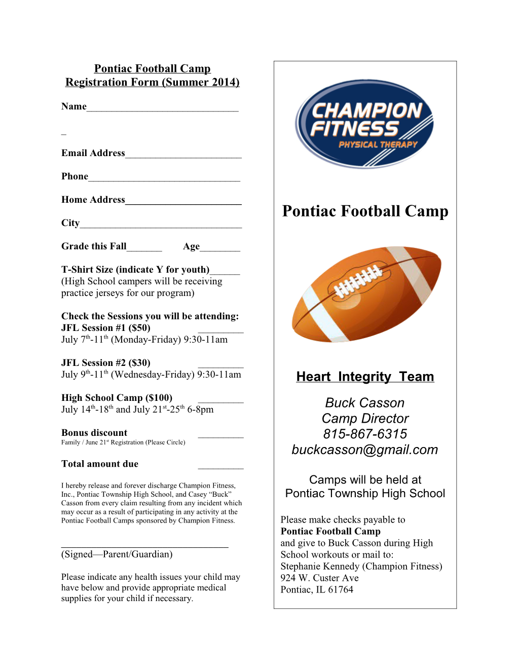 Pontiac Football Camp Registration Form (Summer 2014)