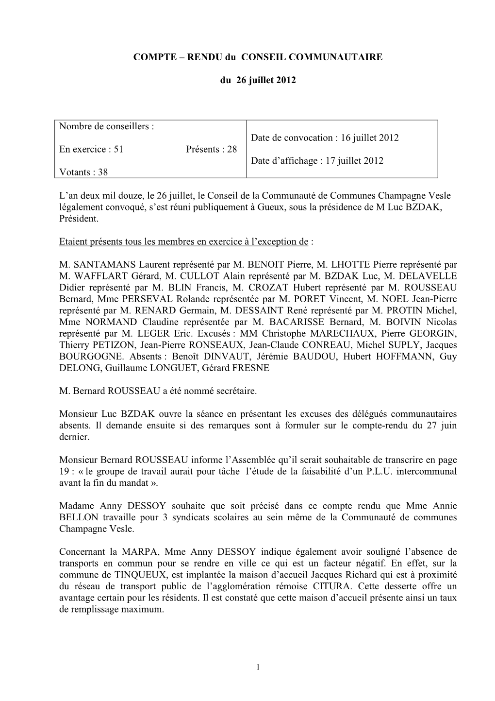 Compte-Rendu Conseil Communautaire Du 26-07-2012