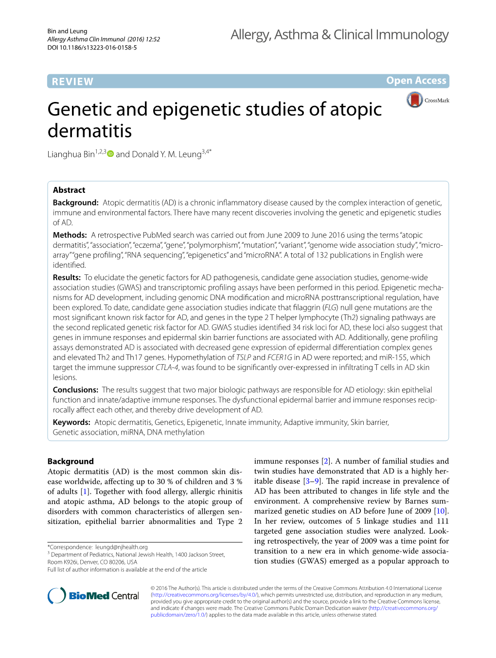 Genetic and Epigenetic Studies of Atopic Dermatitis Lianghua Bin1,2,3 and Donald Y