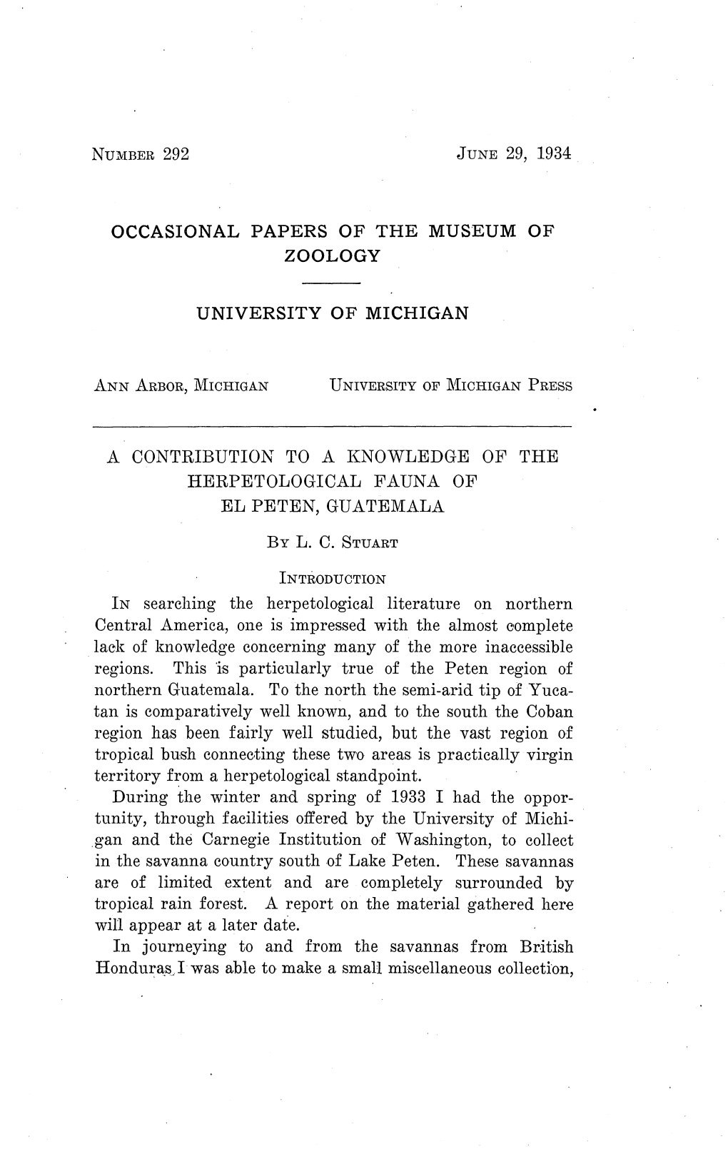 Occasional Papers of the Museum of Zoology University of Michigan Introduction