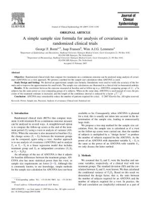 A Simple Sample Size Formula for Analysis of Covariance in Randomized Clinical Trials George F