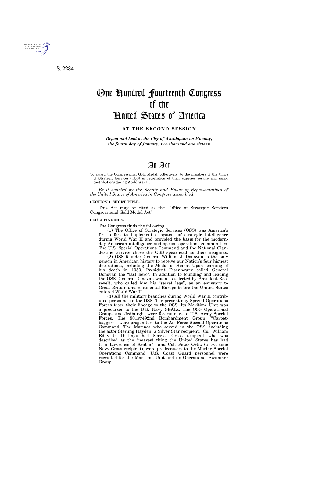 One Hundred Fourteenth Congress of the United States of America