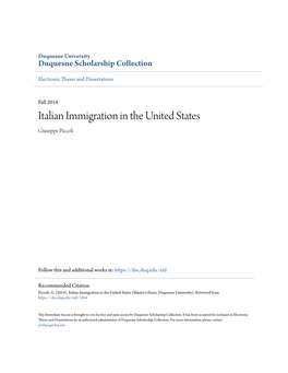 Italian Immigration in the United States Giuseppe Piccoli