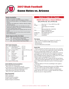 2017 Utah Football Game Notes Vs. Arizona