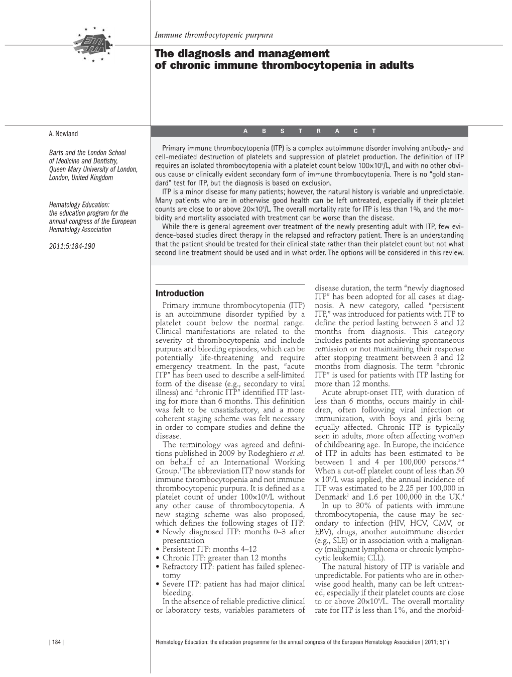 The Diagnosis and Management of Chronic Immune Thrombocytopenia in Adults