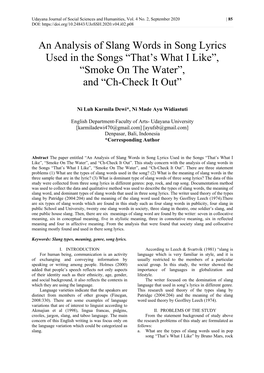 An Analysis of Slang Words in Song Lyrics Used in the Songs “That’S What I Like”, “Smoke on the Water”, and “Ch-Check It Out”