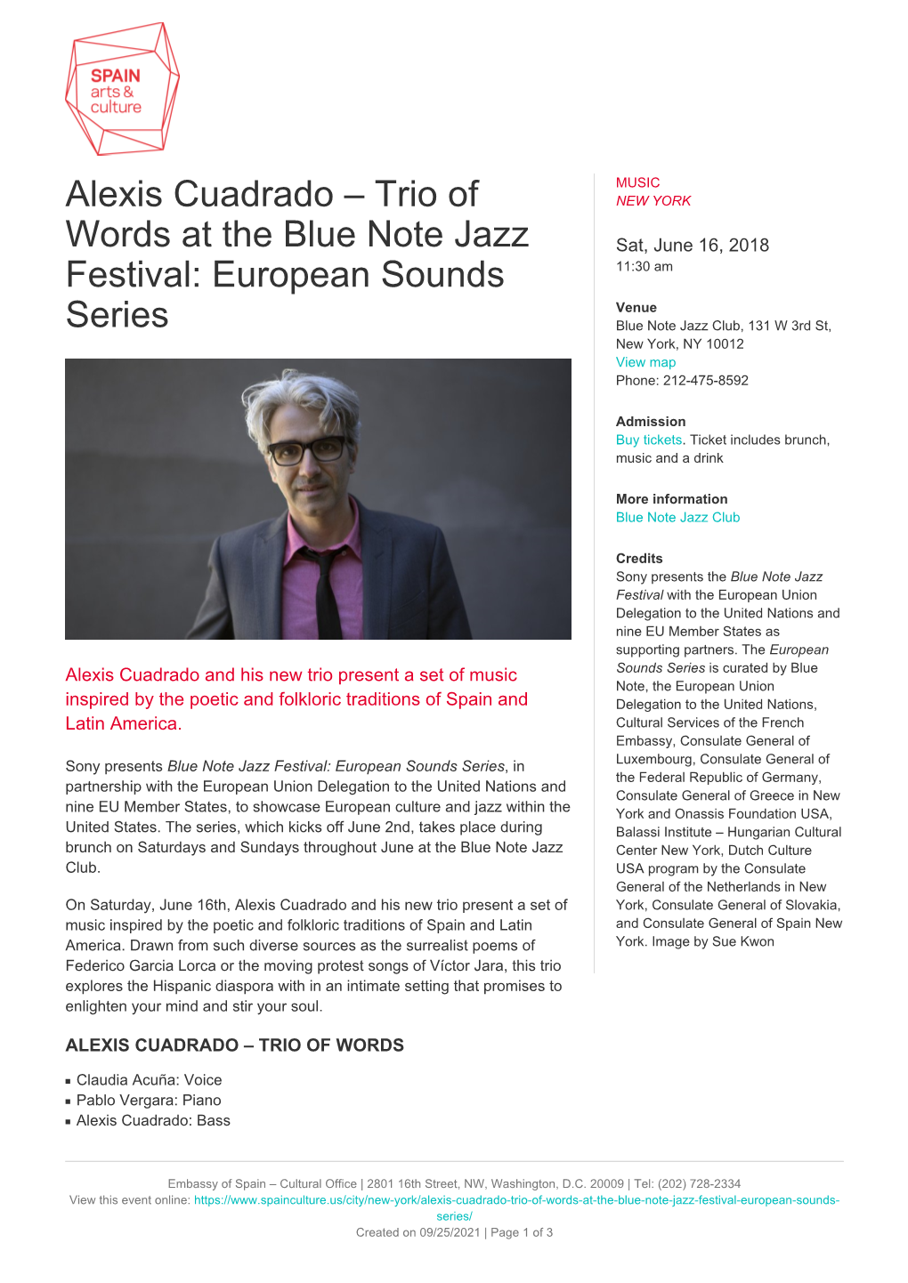 Alexis Cuadrado – Trio of Words at the Blue Note Jazz Festival: European Sounds Series