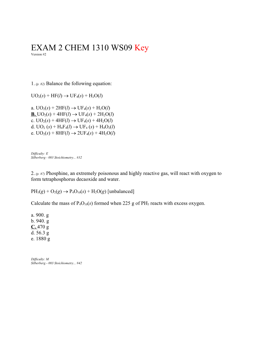 EXAM 2 CHEM 1310 WS09 Key Version #2