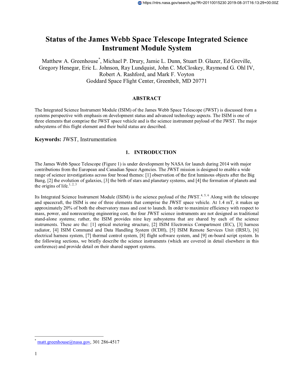 Status of the James Webb Space Telescope Integrated Science Instrument Module System