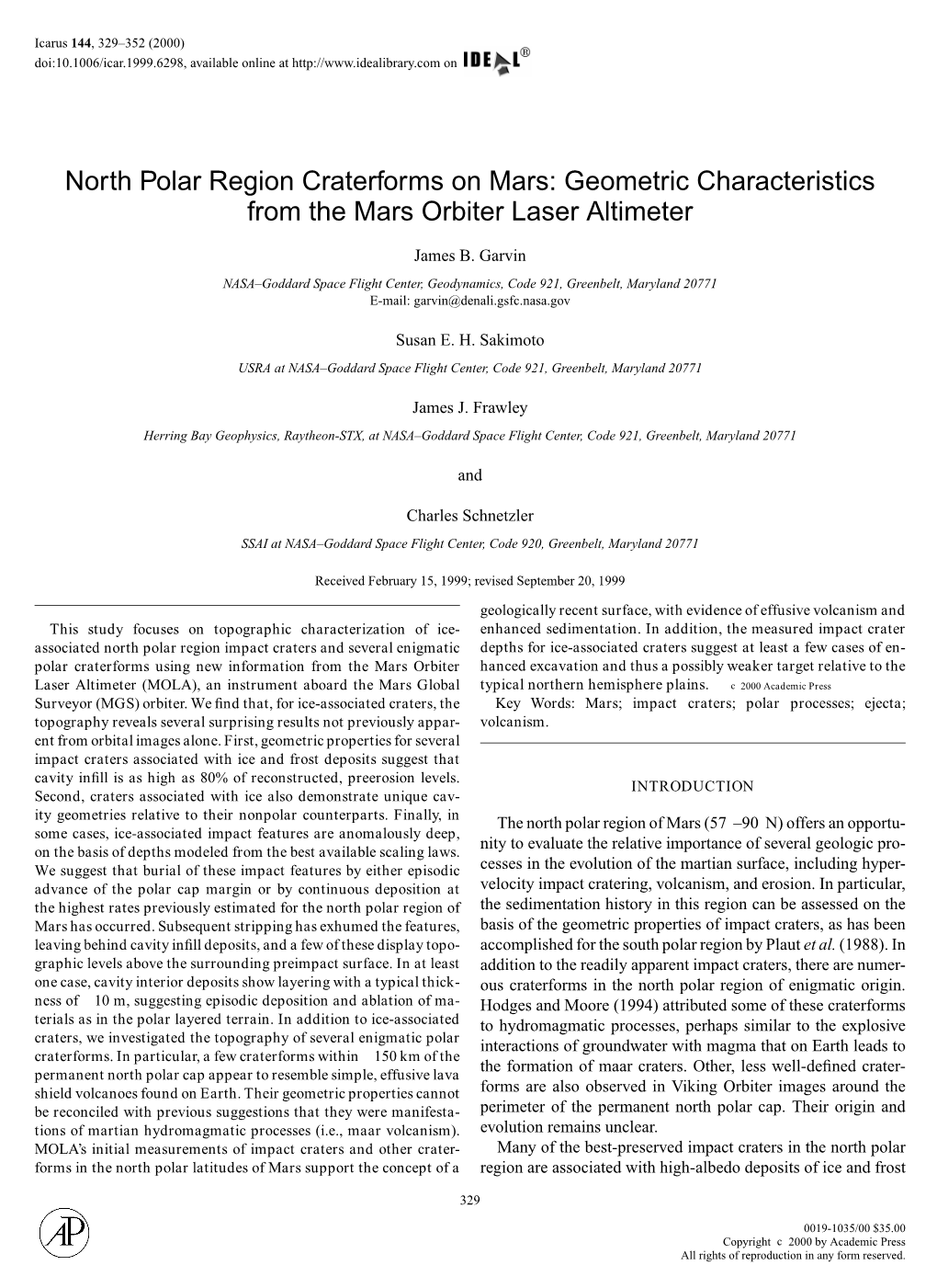 North Polar Region Craterforms on Mars: Geometric Characteristics from the Mars Orbiter Laser Altimeter