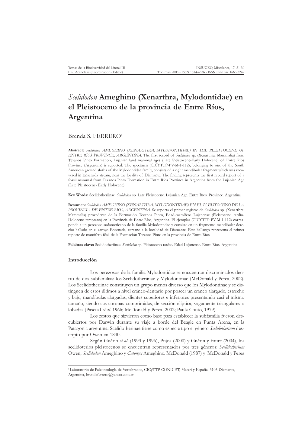 Scelidodon Ameghino (Xenarthra, Mylodontidae) En El Pleistoceno De La Provincia De Entre Ríos, Argentina