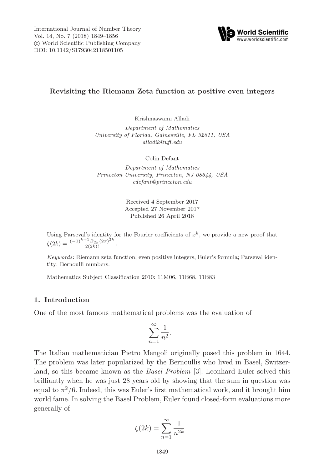 Revisiting the Riemann Zeta Function at Positive Even Integers 1. Introduction One of the Most Famous Mathematical Problems