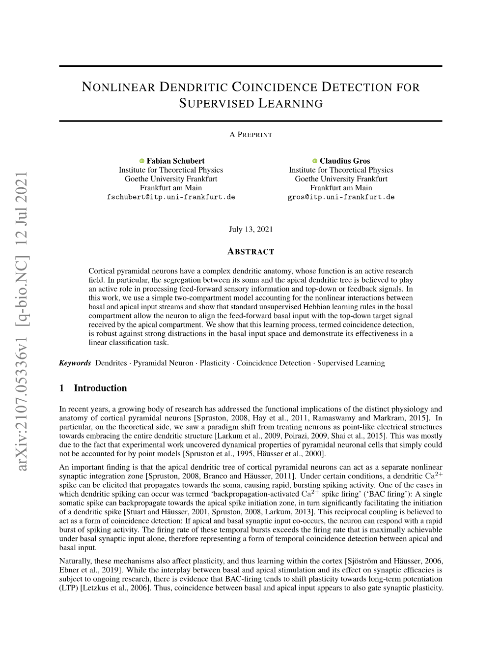 Nonlinear Dendritic Coincidence Detection for Supervised Learning APREPRINT